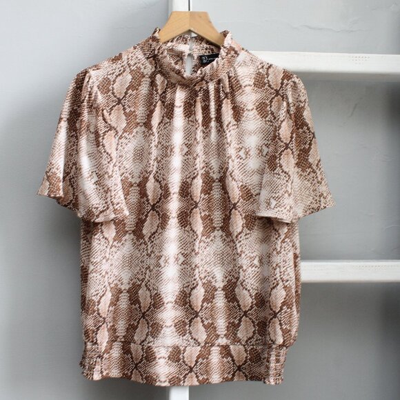 New York & Company Tops - New York & Company Brown White Snake Skin Mock Neck Short Sleeve Top Medium NWT